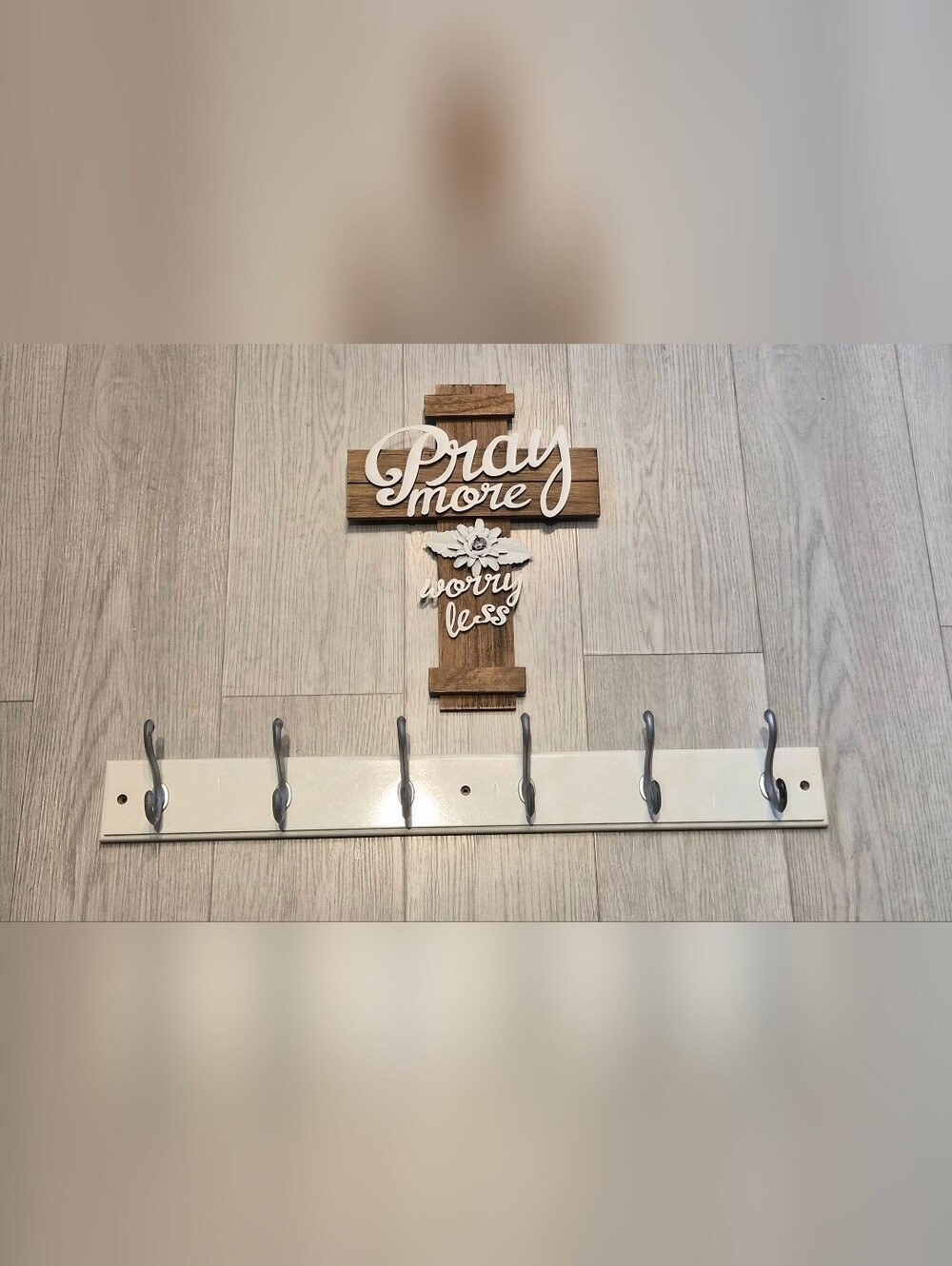 Pray More Wooden Wall Cross - White Script on Brown Wood Also White Hook Board.